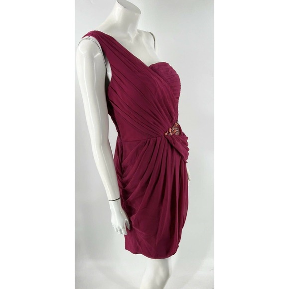 Lara Silk Cocktail Dress Size 12 Scarlet Pink Jeweled One Shoulder Pintuck NEW - Picture 3 of 6